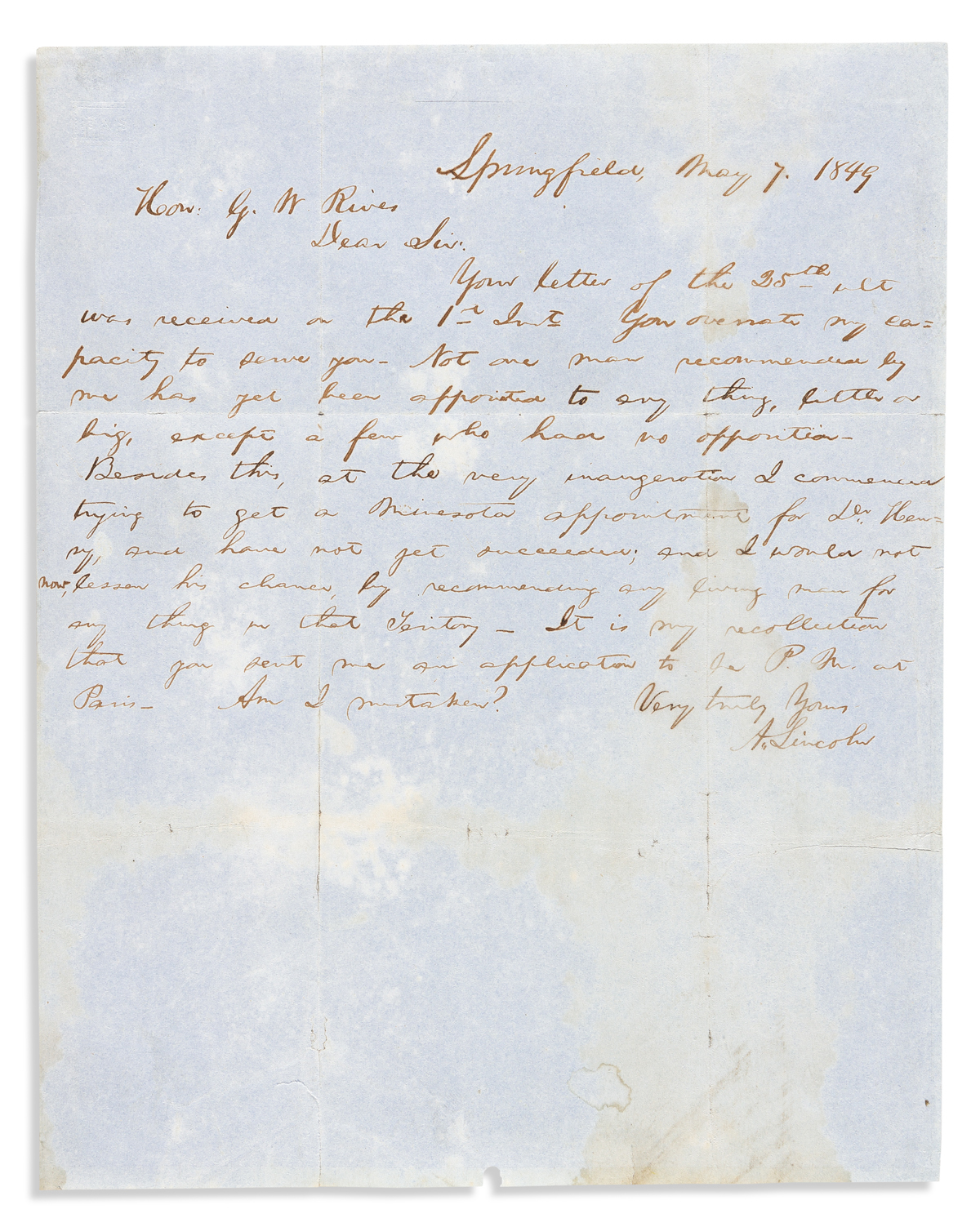 LINCOLN, ABRAHAM. Autograph Letter Signed, A.Lincoln, to Whig activist George W. Rives (Hon: G.W. Rives),